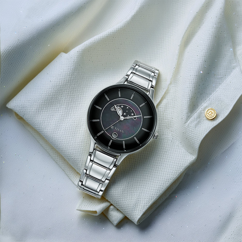 Titan Premium Workwear Black Dial Analog with Date Stainless Steel Strap watch for Women 2674SM01