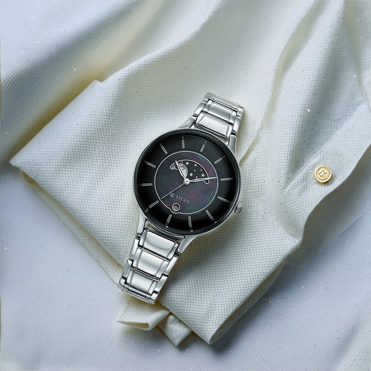 Titan Premium Workwear Black Dial Analog with Date Stainless Steel Strap watch for Women 2674SM01