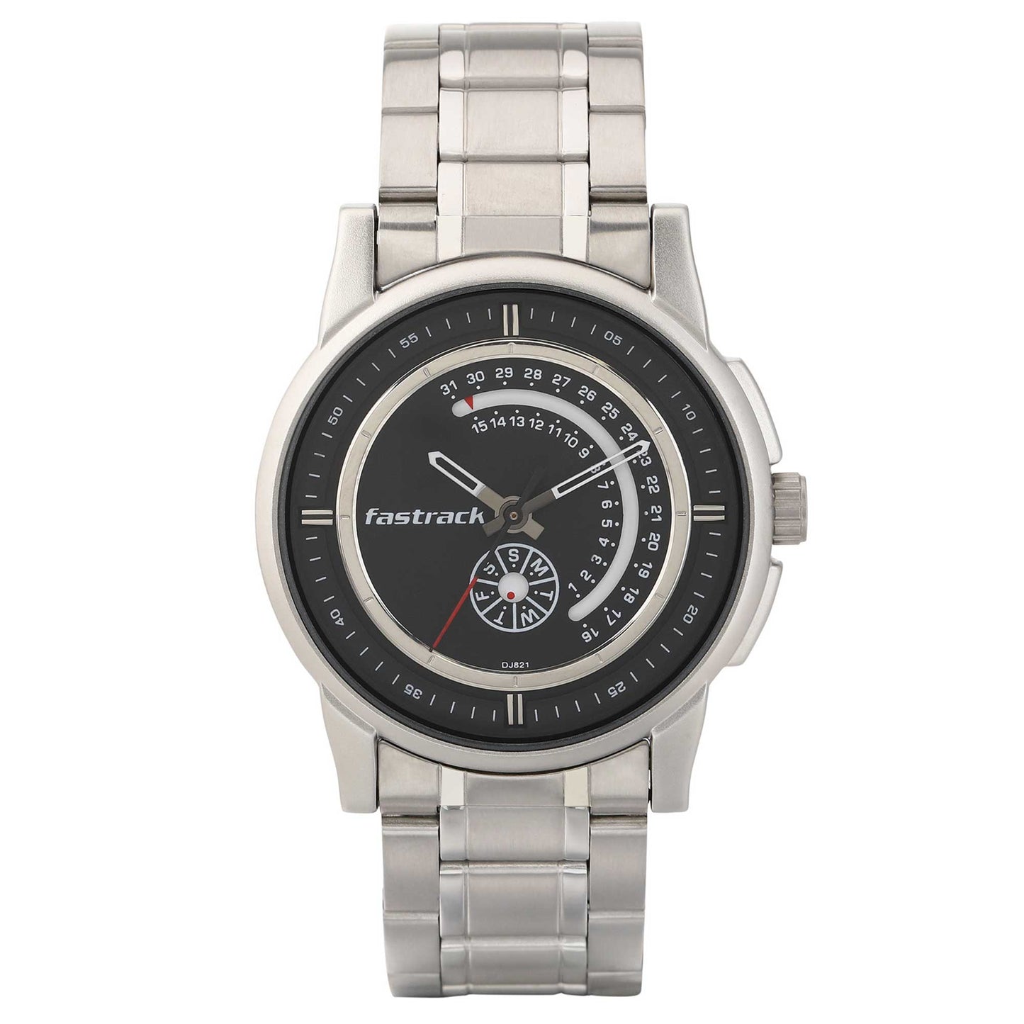 Fastrack Go Skate Quartz Analog with Day and Date Black Dial Stainless Steel Strap Watch for Guys 3215SM03