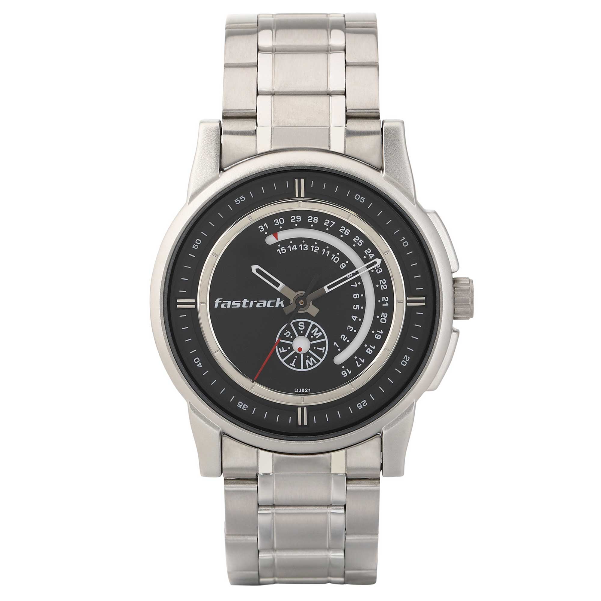 Fastrack Go Skate Quartz Analog with Day and Date Black Dial Stainless Steel Strap Watch for Guys 3215SM03