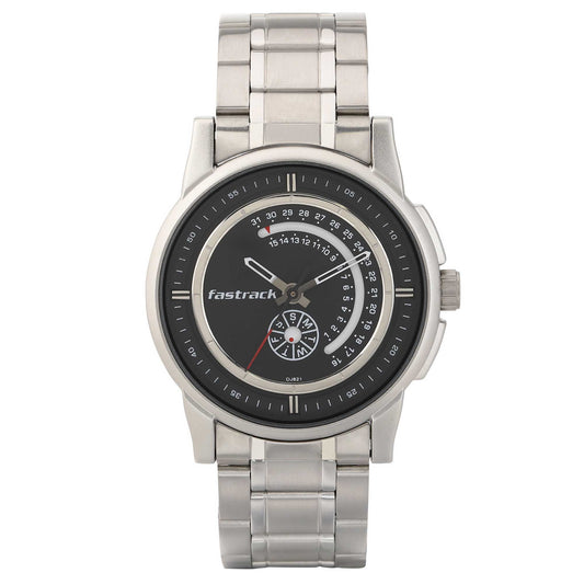 Fastrack Go Skate Quartz Analog with Day and Date Black Dial Stainless Steel Strap Watch for Guys 3215SM03