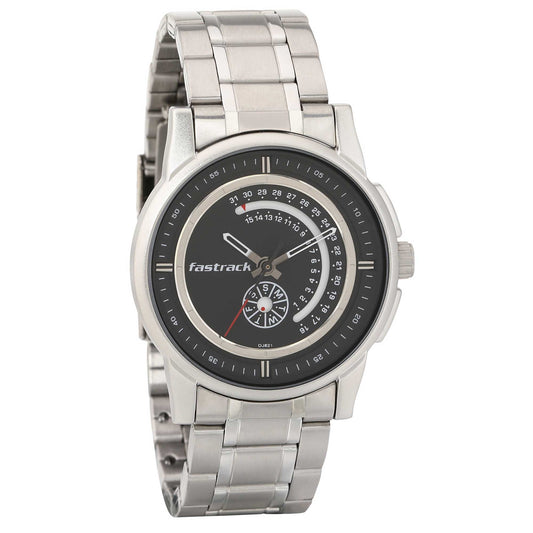 Fastrack Go Skate Quartz Analog with Day and Date Black Dial Stainless Steel Strap Watch for Guys 3215SM03