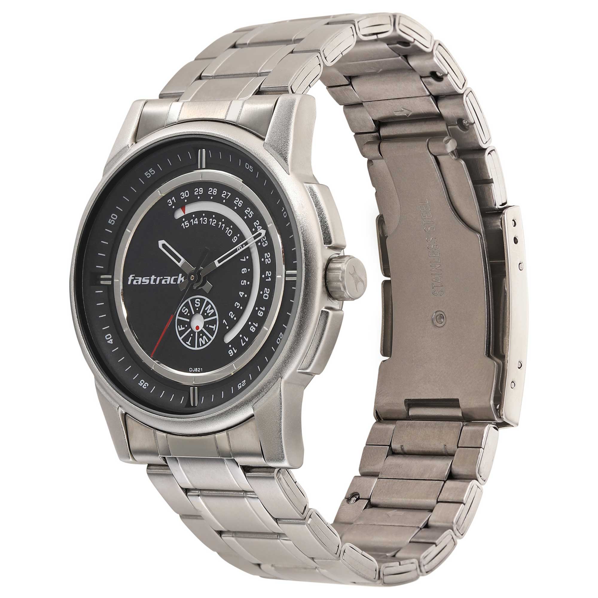 Fastrack Go Skate Quartz Analog with Day and Date Black Dial Stainless Steel Strap Watch for Guys 3215SM03