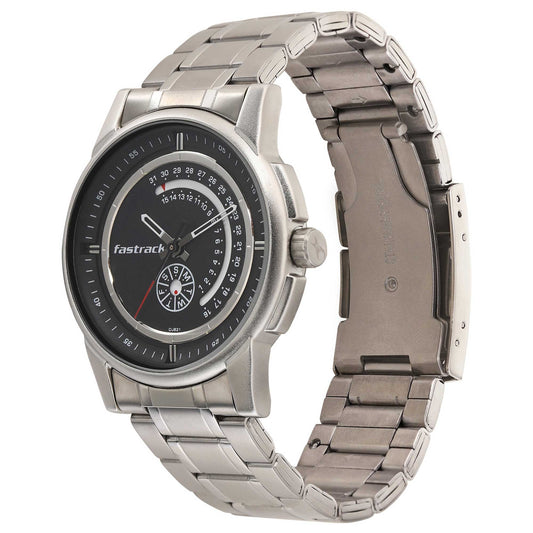 Fastrack Go Skate Quartz Analog with Day and Date Black Dial Stainless Steel Strap Watch for Guys 3215SM03
