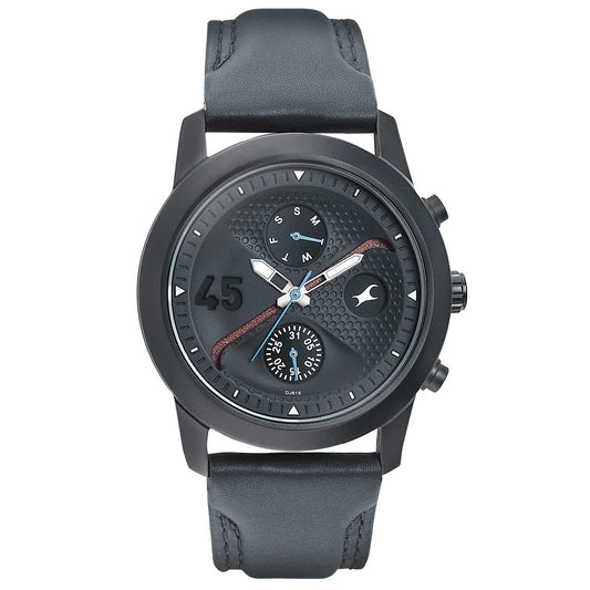 Fastrack Go Skate Quartz Multifunction Black Dial Leather Strap Watch for Guys 3216NL01