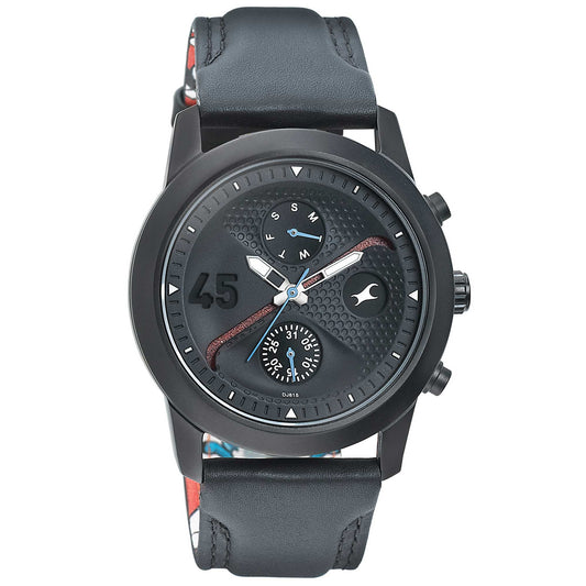 Fastrack Go Skate Quartz Multifunction Black Dial Leather Strap Watch for Guys 3216NL01