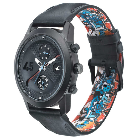 Fastrack Go Skate Quartz Multifunction Black Dial Leather Strap Watch for Guys 3216NL01