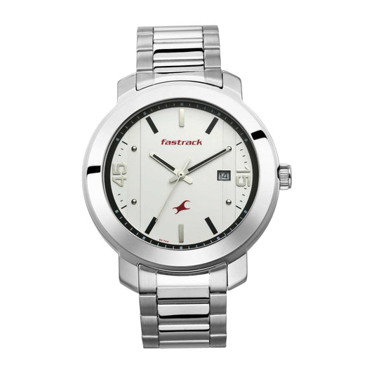 Fastrack Bare Basics Quartz Analog with Date White Dial Stainless Steel Strap Watch for Guys 3246SM01