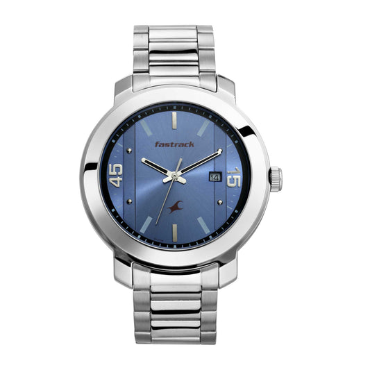 Fastrack Bare Basics Quartz Analog with Date Blue Dial Stainless Steel Strap Watch for Guys 3246SM03