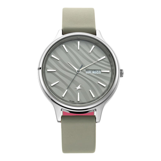 Fastrack Ruffles Quartz Analog with Day and Date Grey Dial Leather Strap Watch for Girls 6207SL01