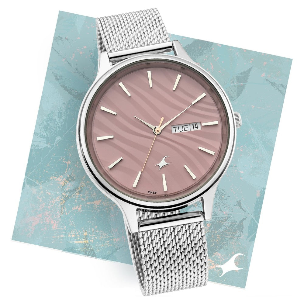 Fastrack Ruffles Quartz Analog with Day and Date Pink Dial Stainless Steel Strap Watch for Girls 6207SM01