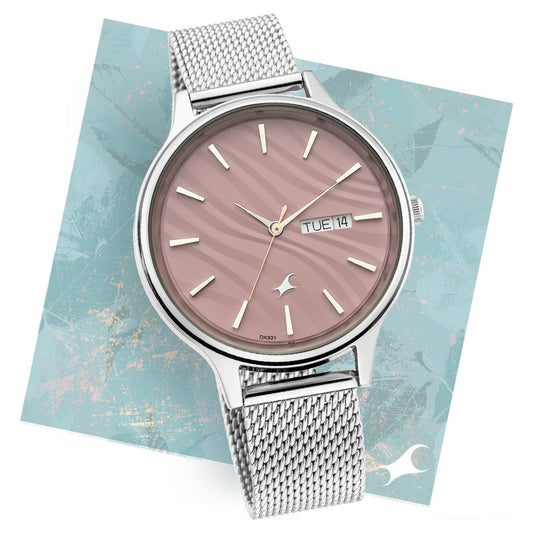 Fastrack Ruffles Quartz Analog with Day and Date Pink Dial Stainless Steel Strap Watch for Girls 6207SM01