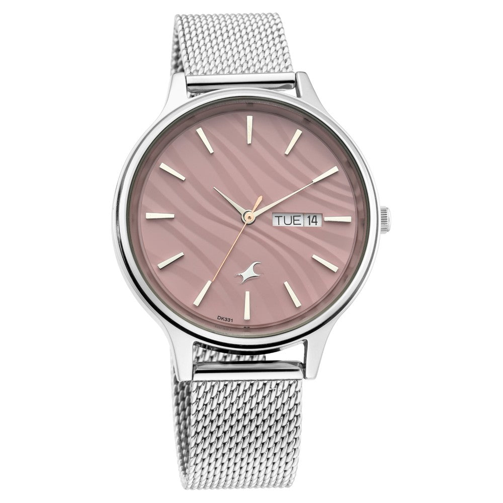 Fastrack Ruffles Quartz Analog with Day and Date Pink Dial Stainless Steel Strap Watch for Girls 6207SM01