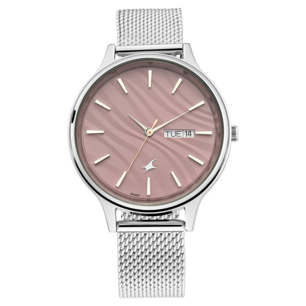 Fastrack Ruffles Quartz Analog with Day and Date Pink Dial Stainless Steel Strap Watch for Girls 6207SM01