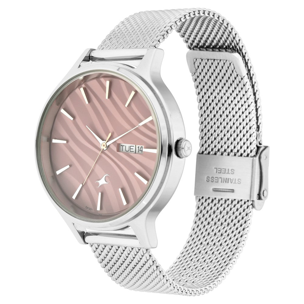Fastrack Ruffles Quartz Analog with Day and Date Pink Dial Stainless Steel Strap Watch for Girls 6207SM01