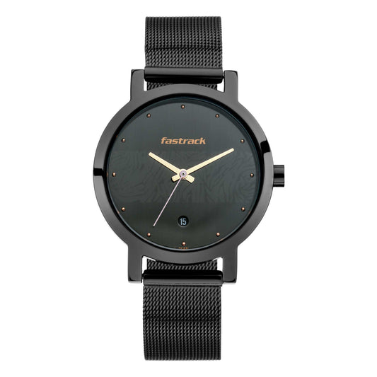 Fastrack Animal Print Quartz Analog with Date Black Dial Stainless Steel Strap Watch for Girls 6222NM01