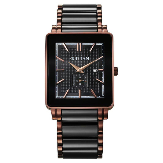 Titan Regalia Shaped Ceramic Quartz Analog with Date Black Dial Steel & Ceramic Strap Watch For Men