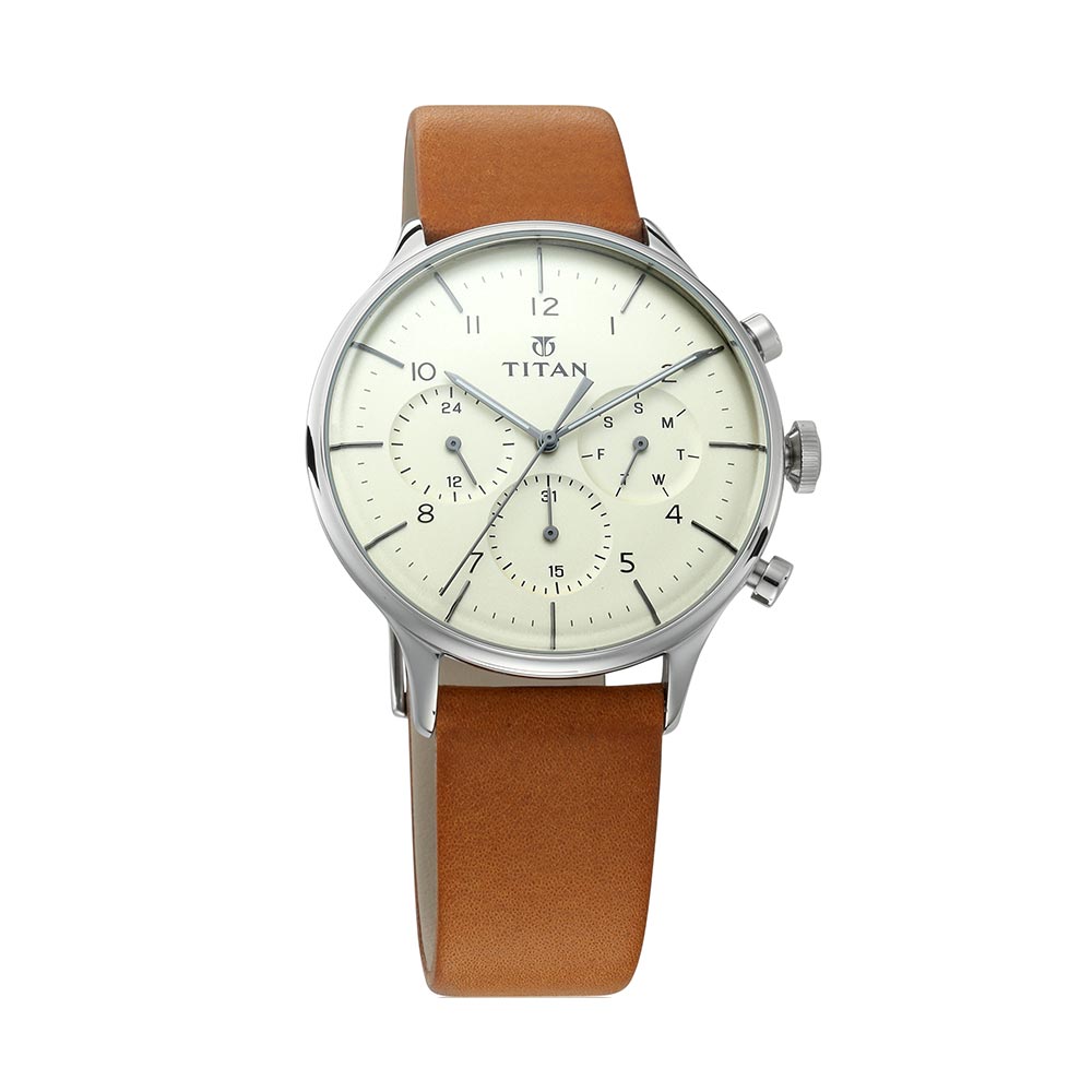 Titan Quartz Multifunction Silver Dial Leather Strap Watch for Men