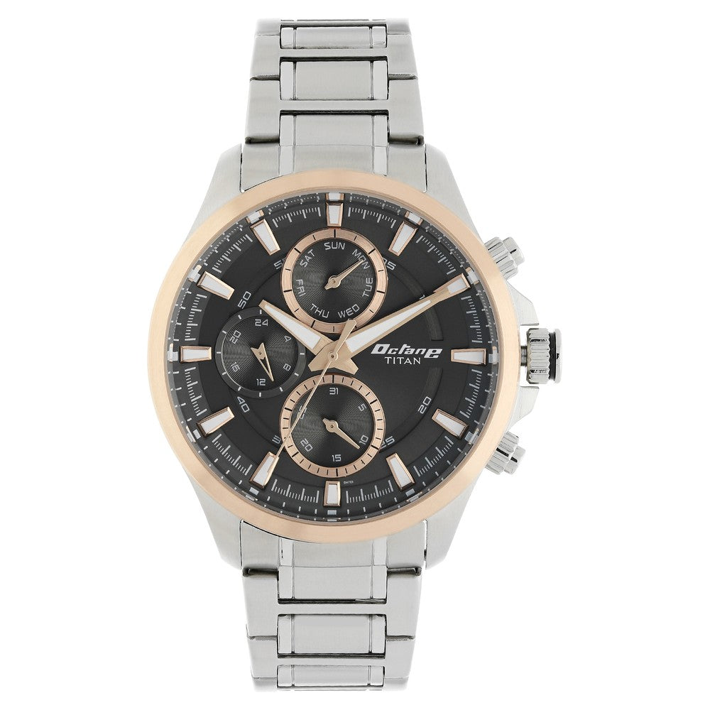 Titan Octane Black Dial Quartz Multifunction Stainless Steel Strap watch for Men 90104KM02