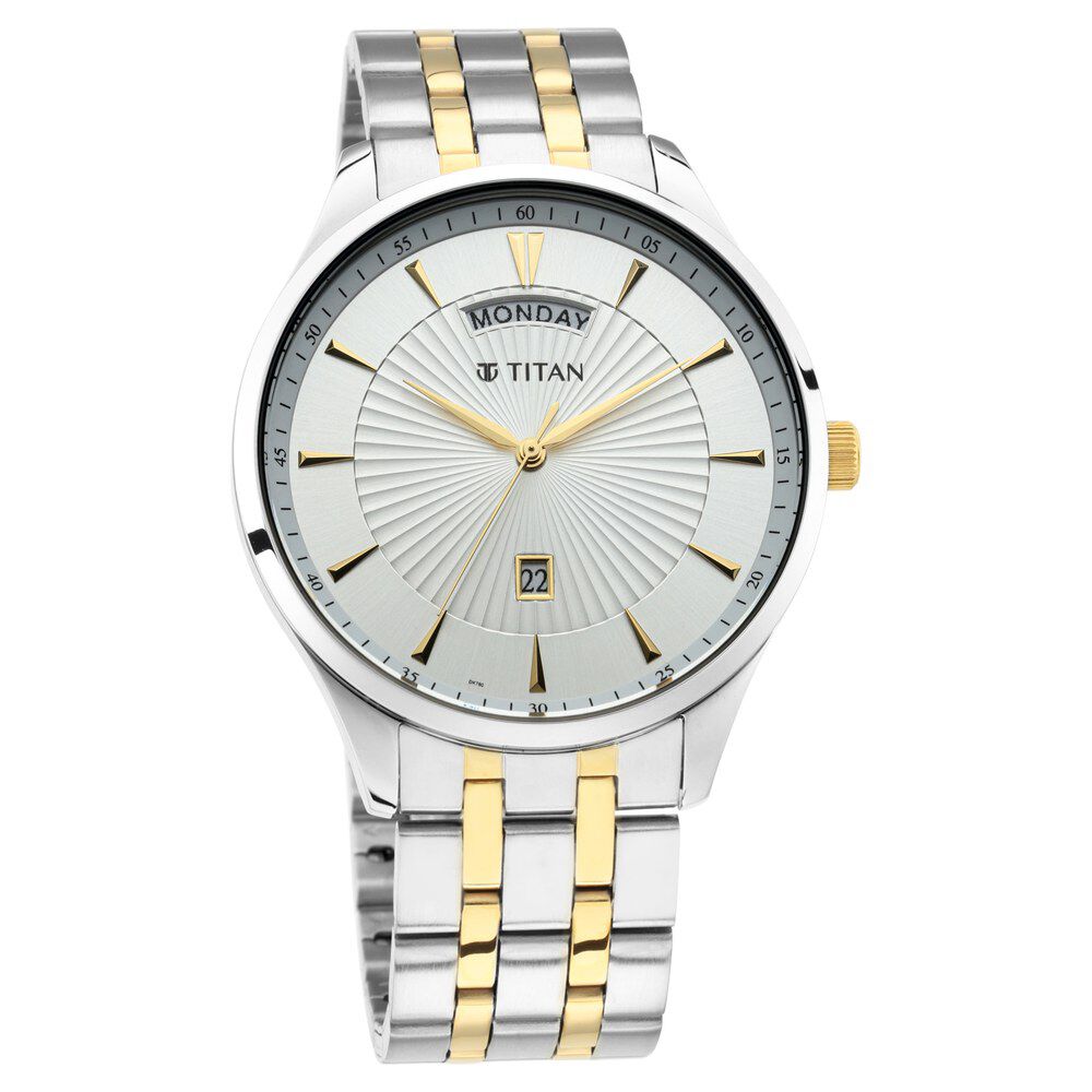 Titan Regalia Opulent White Dial Analog with Day and Date Stainless Steel Strap Watch for Men 90127BM01