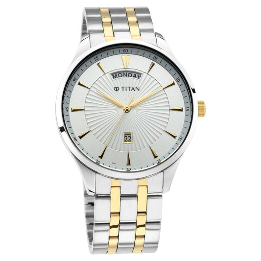 Titan Regalia Opulent White Dial Analog with Day and Date Stainless Steel Strap Watch for Men 90127BM01