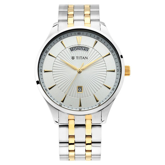 Titan Regalia Opulent White Dial Analog with Day and Date Stainless Steel Strap Watch for Men 90127BM01