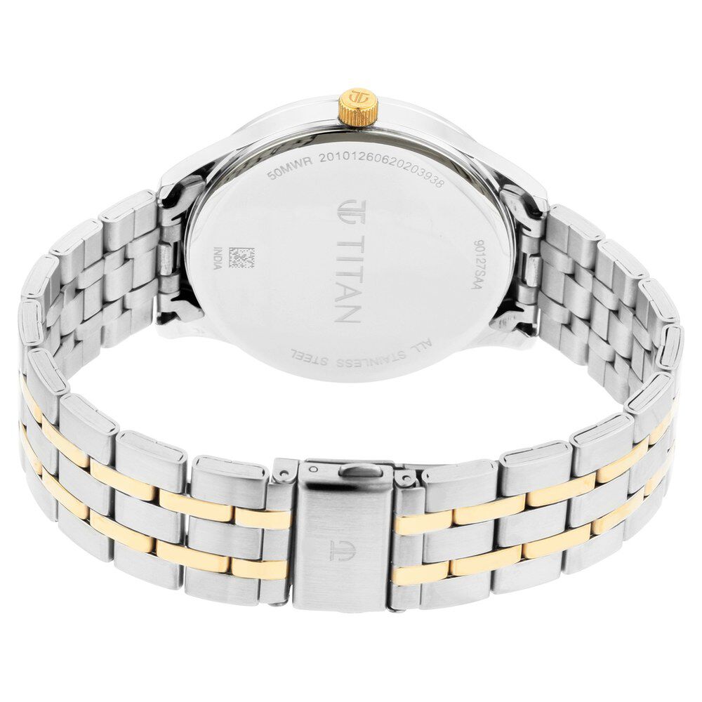 Titan Regalia Opulent White Dial Analog with Day and Date Stainless Steel Strap Watch for Men 90127BM01