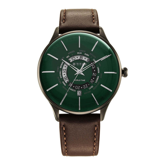 Titan World Time Green Dial World Time with Date Leather Strap watch for Men 90145QL01