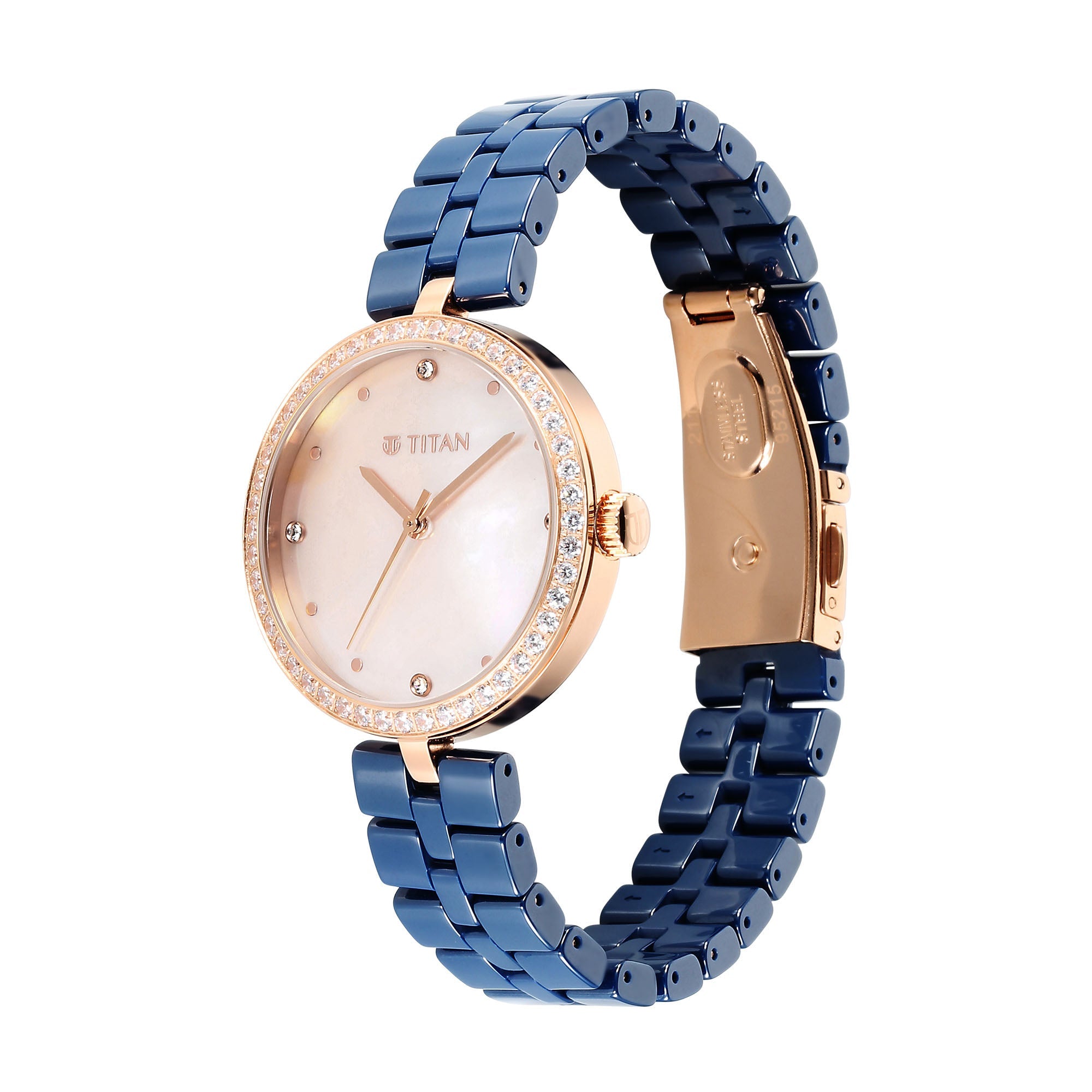 Titan Purple Ceramics Quartz Alog Mother of Pearl Dial Blue Ceramic Strap Watch For Women (95215KC03)