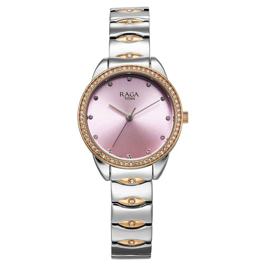 Titan Raga Showstopper Quartz Analog Purple Dial Two Toned Metal Strap Watch For Women 95281KM01