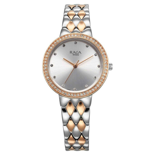 Titan Raga Showstopper Quartz Analog Silver Round Dial Two Toned Metal Strap Watch For Women 95282KM01
