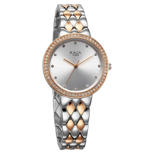 Titan Raga Showstopper Quartz Analog Silver Round Dial Two Toned Metal Strap Watch For Women 95282KM01