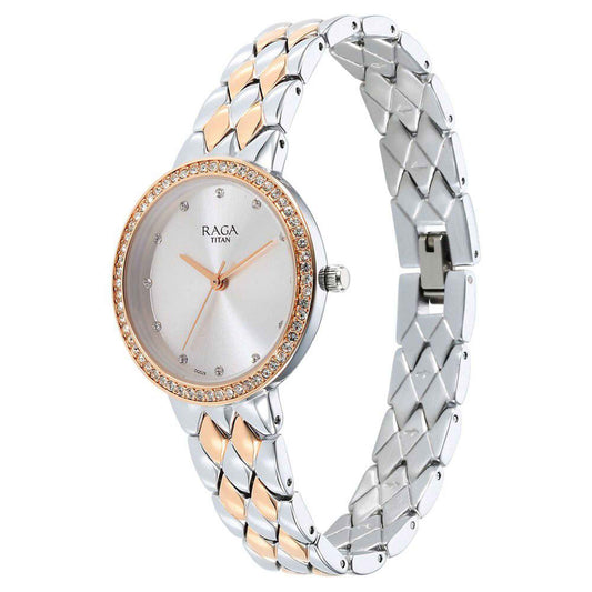Titan Raga Showstopper Quartz Analog Silver Round Dial Two Toned Metal Strap Watch For Women 95282KM01