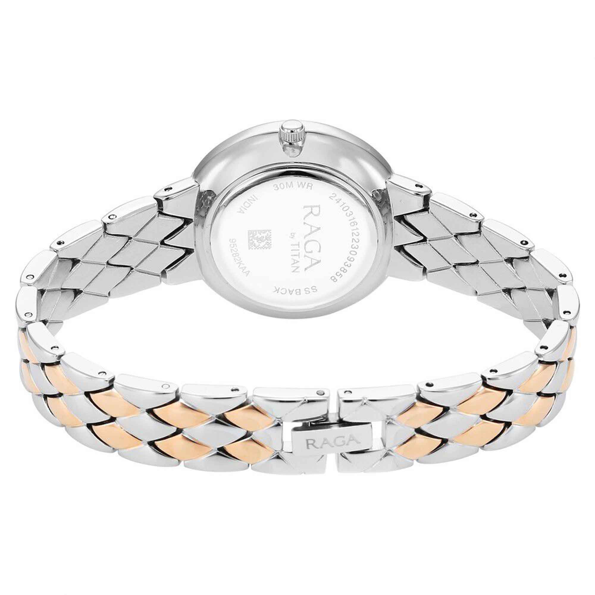 Titan Raga Showstopper Quartz Analog Silver Round Dial Two Toned Metal Strap Watch For Women 95282KM01