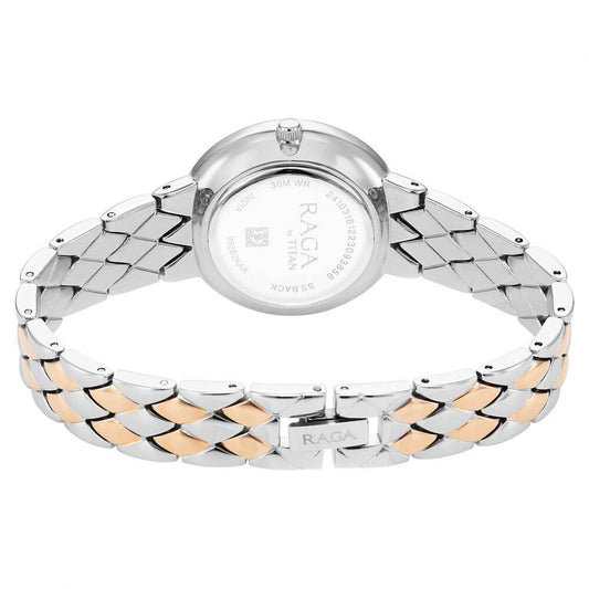 Titan Raga Showstopper Quartz Analog Silver Round Dial Two Toned Metal Strap Watch For Women 95282KM01