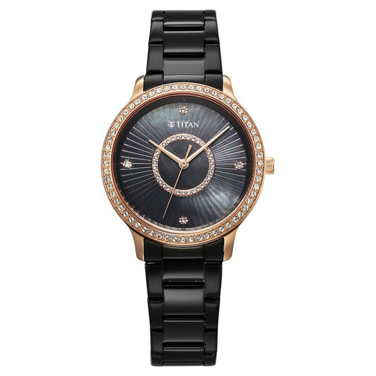Titan Glamour Quartz Analog Black Dial Black Stainless Steel Strap Watch For Women