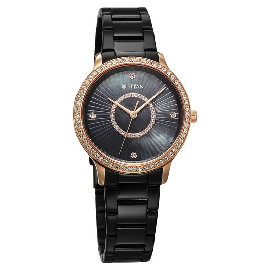 Titan Glamour Quartz Analog Black Dial Black Stainless Steel Strap Watch For Women
