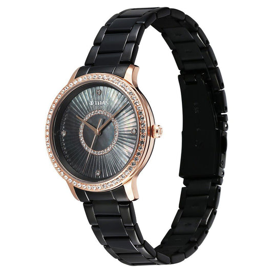 Titan Glamour Quartz Analog Black Dial Black Stainless Steel Strap Watch For Women