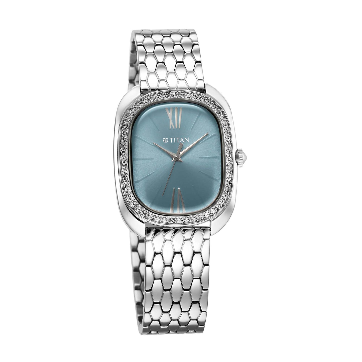 Titan Glamour Quartz Analog Blue Dial Silver Stainless Steel Strap Watch For Women